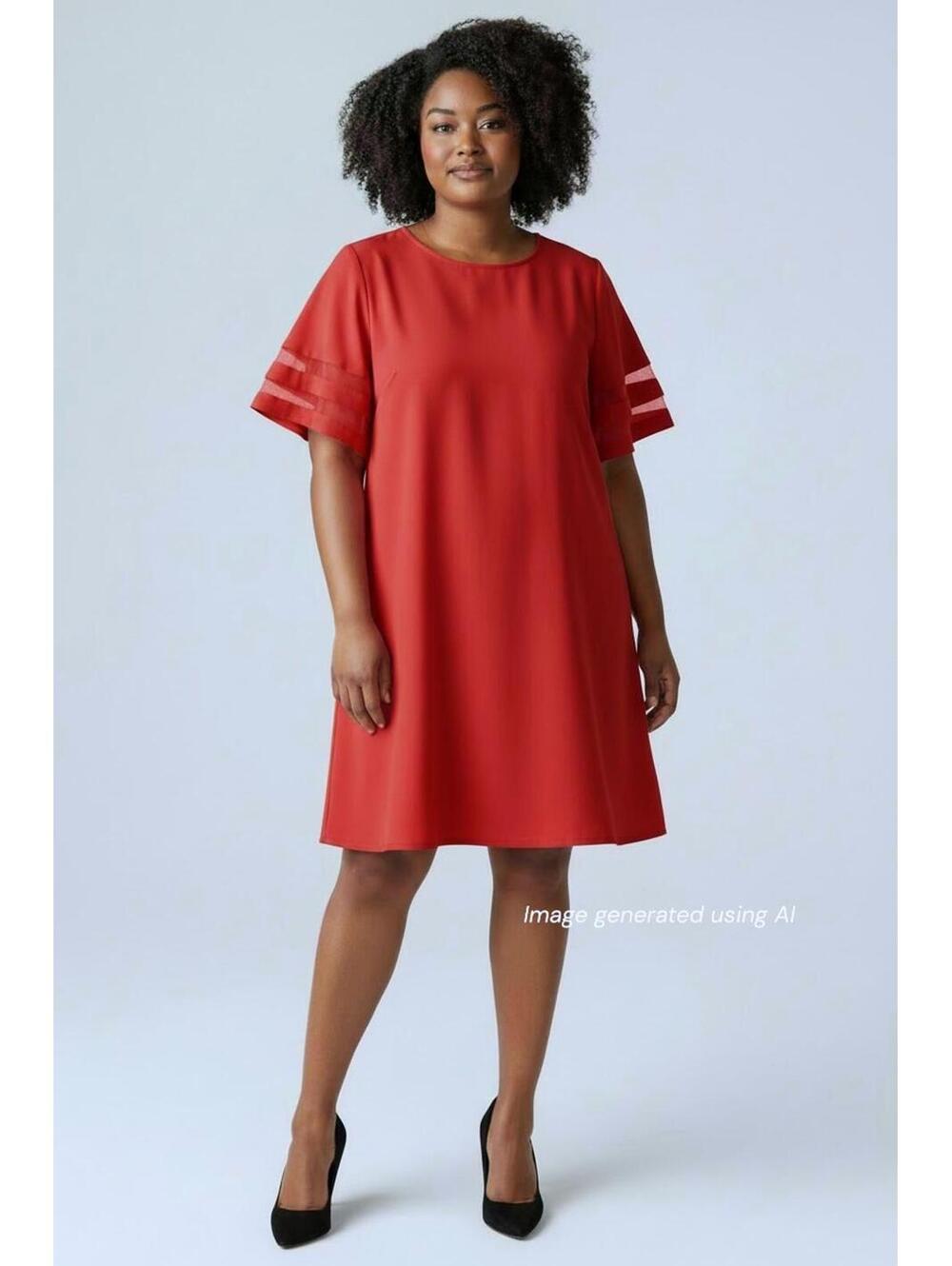 TECREW Chic Red Ruffled Striped Mesh Sleeve Dress - Size XL